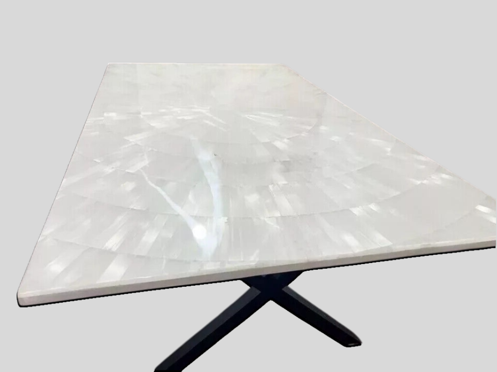 Rectangular Selenite Top Dining Table Handmade Mid Century Modern Sunburst Pattern Luxury Furniture  